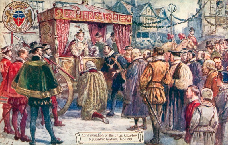 Korowód w Bath, Potwierdzenie Karty Miast przez królową Elżbietę I, AD 1590 autorstwa English School