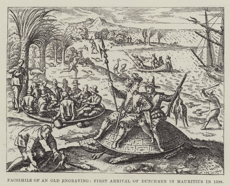 Faksymile starej ryciny, pierwszy przyjazd Holendrów na Mauritius w 1598 r. autorstwa English School