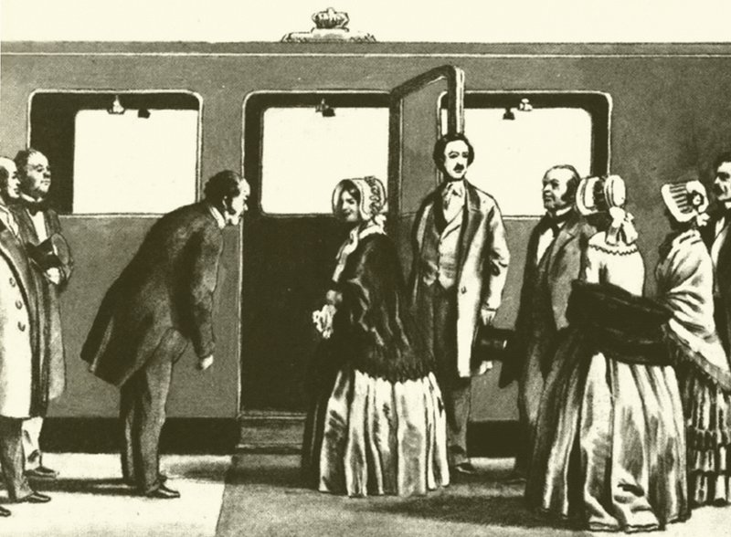 George Hudson, Król Kolei, kłania się królowej Wiktorii i księciu Albertowi, o co im chodzi? autorstwa English School