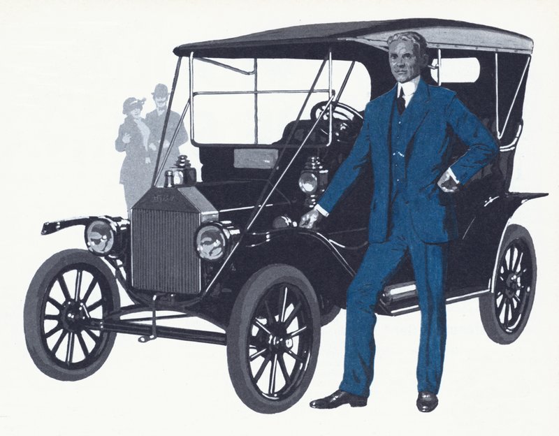 Henry Ford ze słynnym Modelem T, który stworzył nazwę i fortunę Forda autorstwa English School