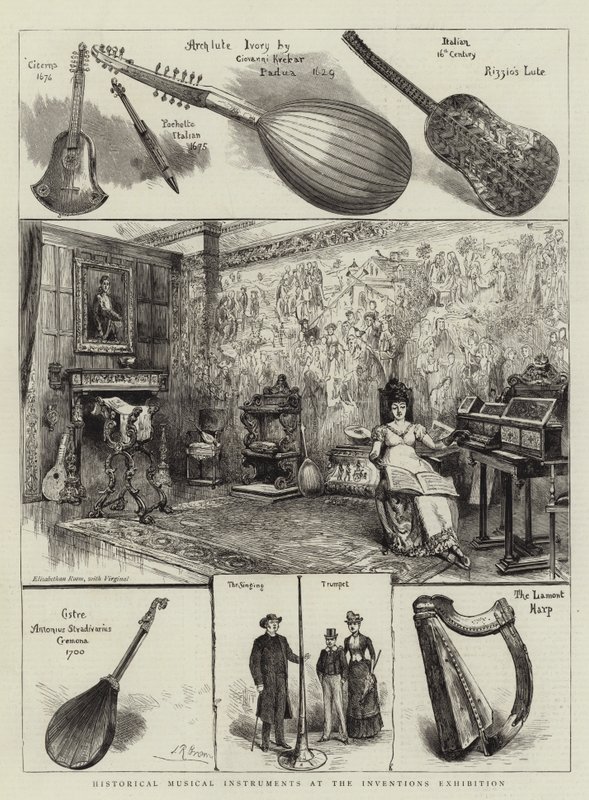 Historyczne instrumenty muzyczne na wystawie wynalazków autorstwa English School