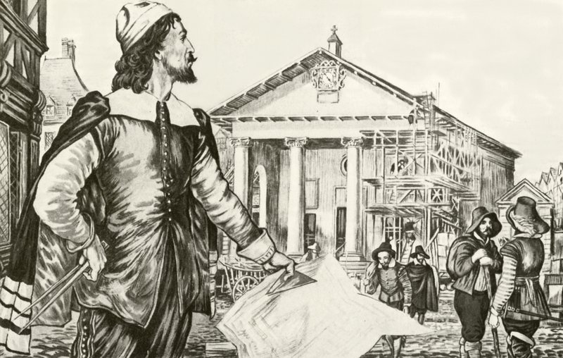 Inigo Jones projektujący kościół św. Pawła w Covent Garden autorstwa English School