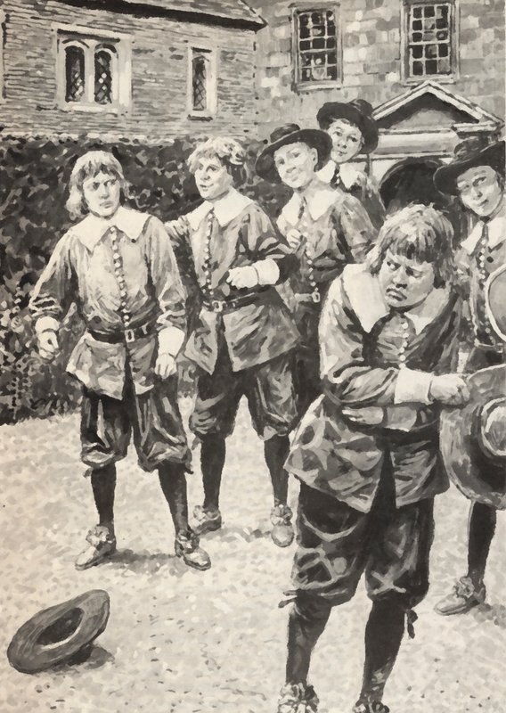 Isaac Newton (z lewej), właśnie pokonał szkolnego łobuza autorstwa English School