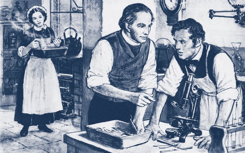 Joseph Lister pokazuje drobnoustroje na niemytych narzędziach chirurgicznych autorstwa English School