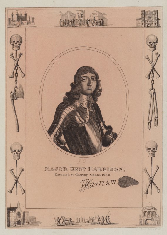 Generał dywizji Harrison, stracony w Charing Cross, 1660 autorstwa English School