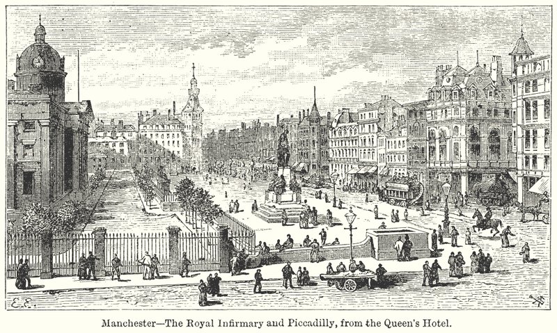 Manchester ? Royal Infirmary i Piccadilly, z hotelu Queens autorstwa English School