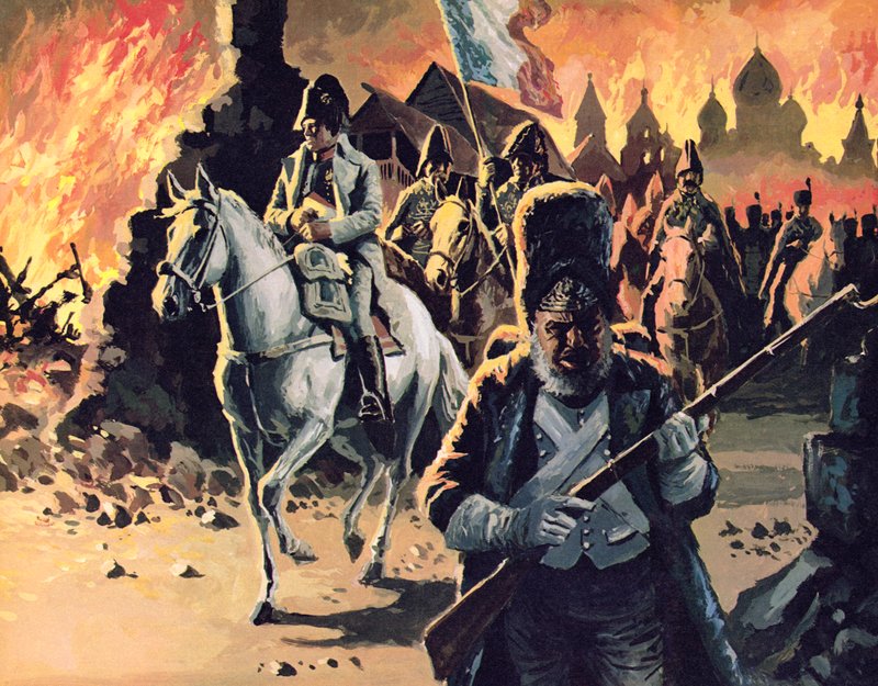 Napoleon jadący przez Moskwę w płomieniach autorstwa English School