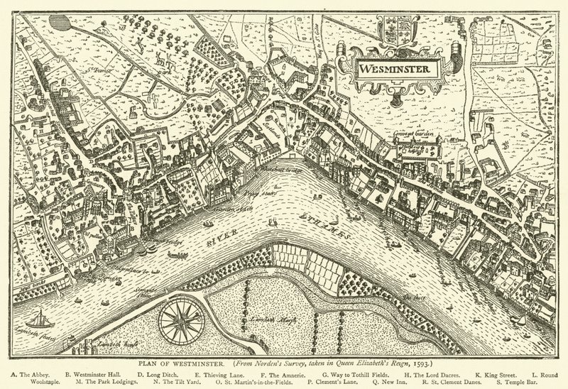 Plan Westminsteru, z ankiety Nordensa, z okresu panowania królowej Elżbiety, 1593 autorstwa English School
