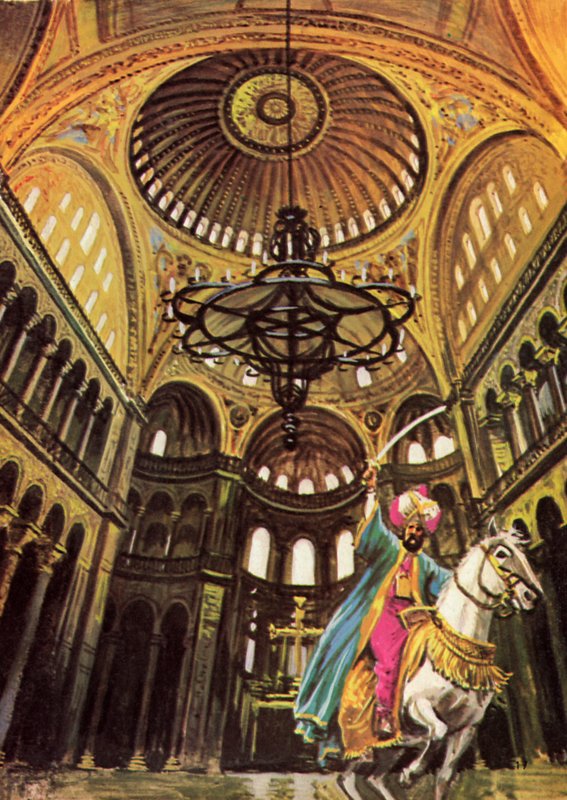 Sułtan Mehmed jedzie na koniu do wielkiego kościoła Hagia Sophia autorstwa English School