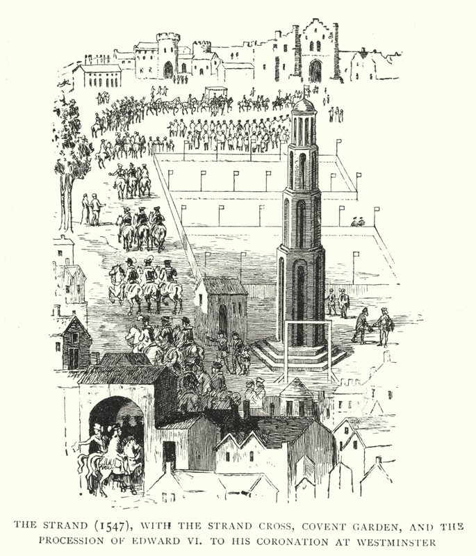 Strand, 1547, z krzyżem Strand, Covent Garden i procesją Edwarda VI na koronację w Westminster autorstwa English School