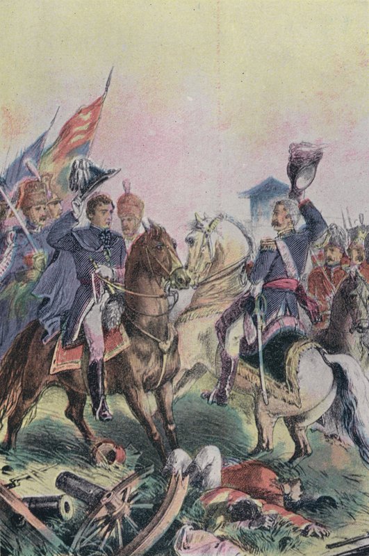 Spotkanie księcia Wellington i feldmarszałka Bluchera po bitwie pod Waterloo, 1815 autorstwa English School