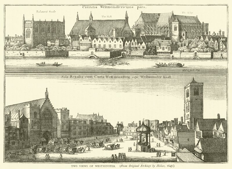 Dwa widoki Westminsteru, z oryginalnych akwafort Hollara, 1647 autorstwa English School