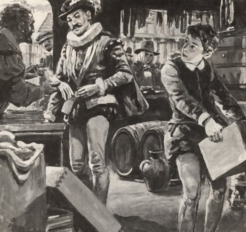 William Shakespeare jako chłopiec pomagał ojcu w sklepie autorstwa English School
