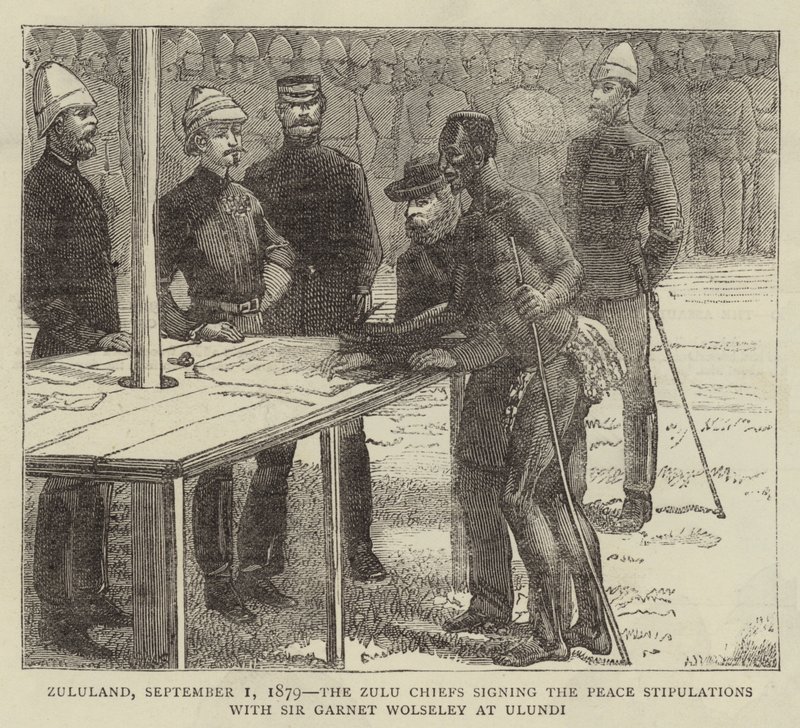 Zululand, 1 września 1879, wodzowie Zulusów podpisują postanowienia pokojowe z Sir Garnetem Wolseleyem w Ulundi autorstwa English School