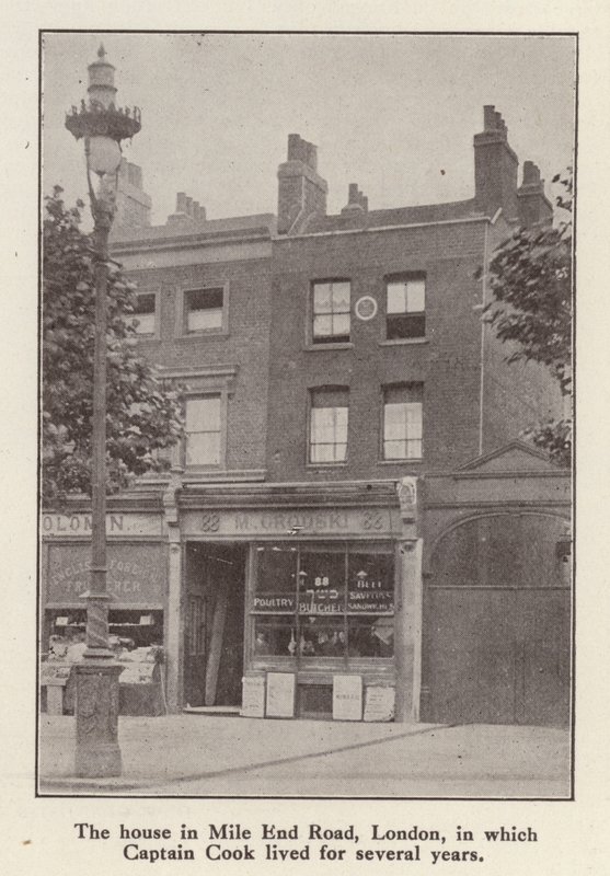 88 Mile End Road, Londyn, dom, w którym od 1764 roku do śmierci mieszkał angielski odkrywca kapitan James Cook (zdjęcie czarno-białe) autorstwa English Photographer