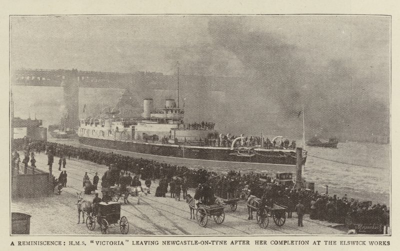 Wspomnienie, HMS Victoria opuszcza Newcastle-on-Tyne po ukończeniu w Elswick Works autorstwa English Photographer