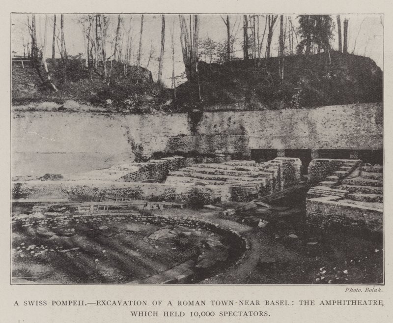 Szwajcarskie Pompeje, wykopaliska w rzymskim mieście w pobliżu Bazylei, amfiteatr, który mieścił 10 000 widzów autorstwa English Photographer