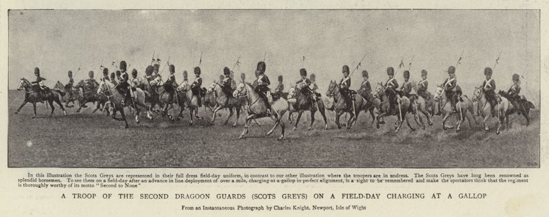Oddział Drugiej Straży Smoków (Scots Greys) podczas szarży w dzień polowy na galop autorstwa English Photographer