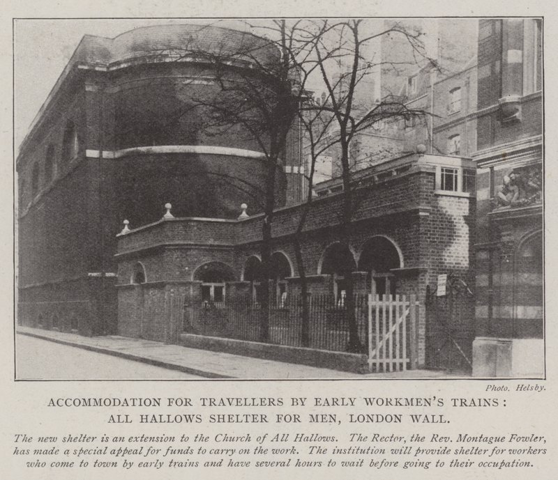 Zakwaterowanie dla podróżnych przez Early Workmens Trains, All Hallows Shelter dla mężczyzn, London Wall autorstwa English Photographer
