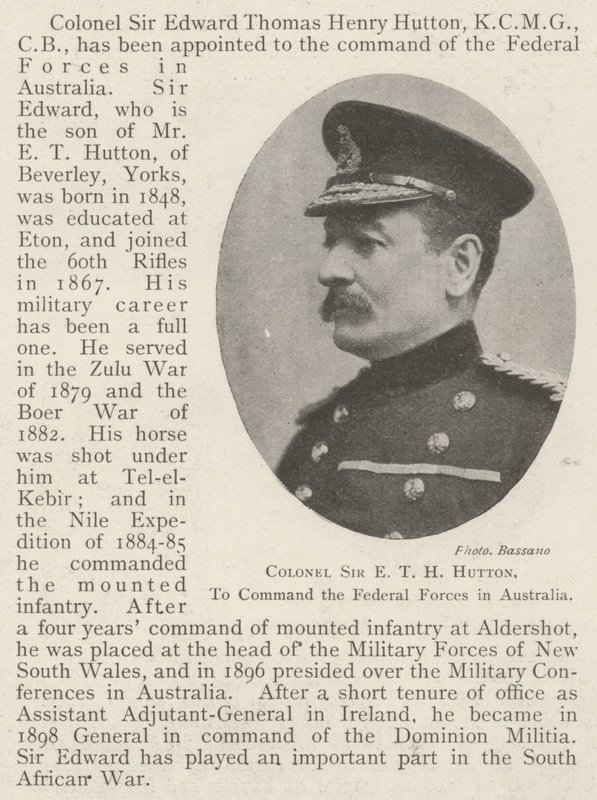 Pułkownik Sir ETH Hutton, dowodzący siłami federalnymi w Australii; autorstwa English Photographer