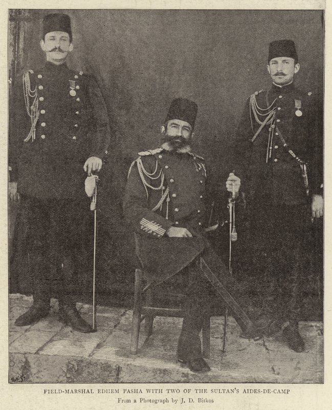 Feldmarszałek Edhem Pasza z dwoma sułtanami Aides-de-Camp autorstwa English Photographer
