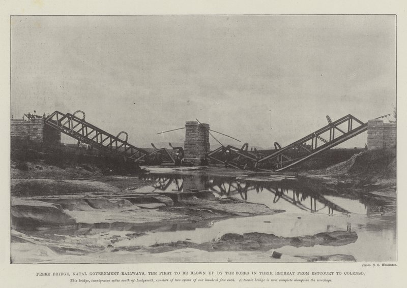 Frere Bridge, Natal Government Railways, pierwszy wysadzony przez Burów podczas odwrotu z Estcourt do Colenso autorstwa English Photographer