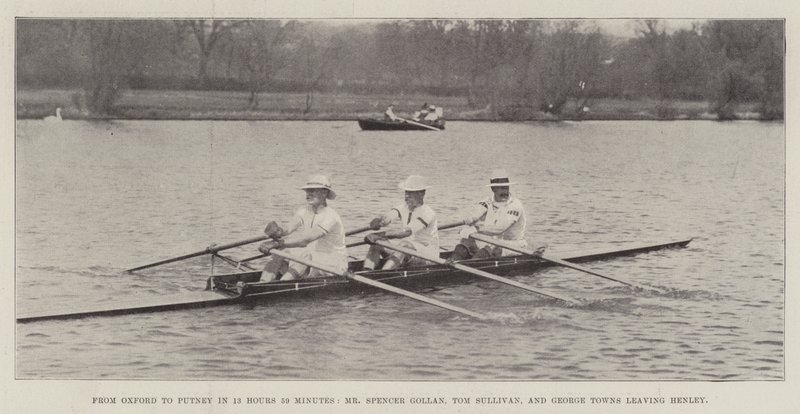 Z Oksfordu do Putney w 13 godzin 59 minut, pan Spencer Gollan, Tom Sullivan i George Towns opuszczają Henley autorstwa English Photographer