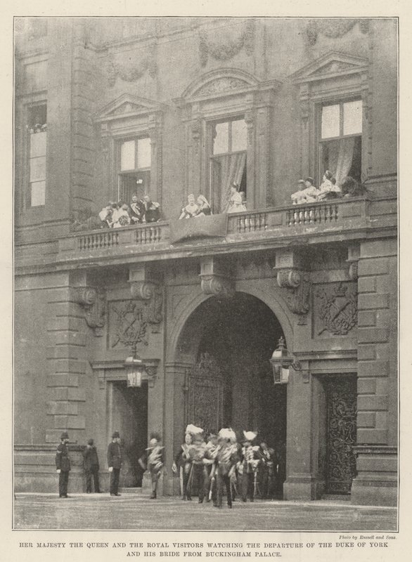 Jej Królewska Mość Królowa i Królewscy Goście oglądają wyjazd księcia Yorku i jego narzeczonej z Pałacu Buckingham autorstwa English Photographer