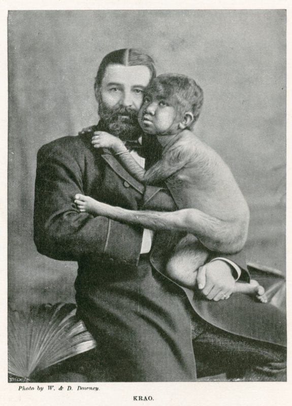 Krao, The Missing Link, wystawiony w Aquarium w Westminster w Londynie w 1887 r. autorstwa English Photographer