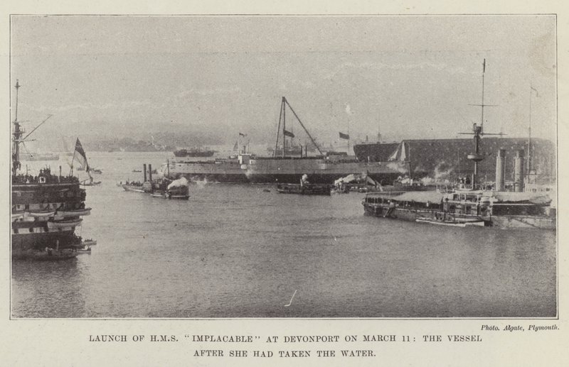 Wystrzelenie HMS Implacable w Devonport 11 marca, statek po zajęciu Wody autorstwa English Photographer