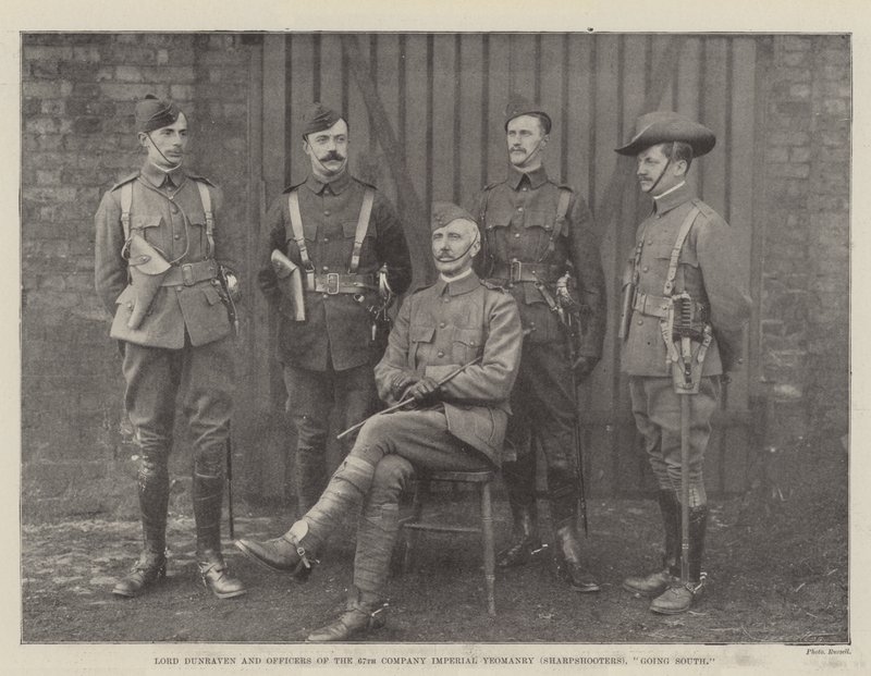 Lord Dunraven i oficerowie 67. kompanii Imperial Yeomanry (Snajperzy), jadąc na południe autorstwa English Photographer