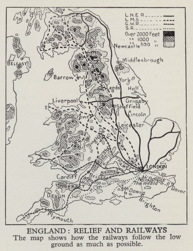 Mapa pokazująca, jak linie kolejowe w Anglii podążają za niskim terenem tak często, jak to możliwe (zdjęcie czarno-białe) autorstwa English Photographer
