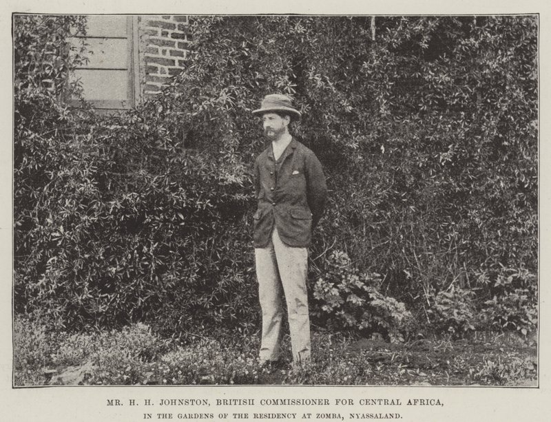 Pan H H Johnston, brytyjski komisarz ds. Afryki Środkowej, w ogrodach rezydencji w Zomba, Nyasaland autorstwa English Photographer