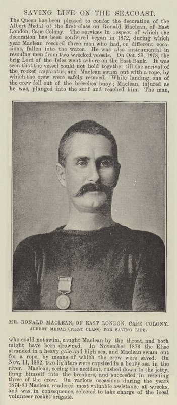 Pan Ronald Maclean z East London, Cape Colony, Medal Alberta (pierwszej klasy) za ratowanie życia autorstwa English Photographer
