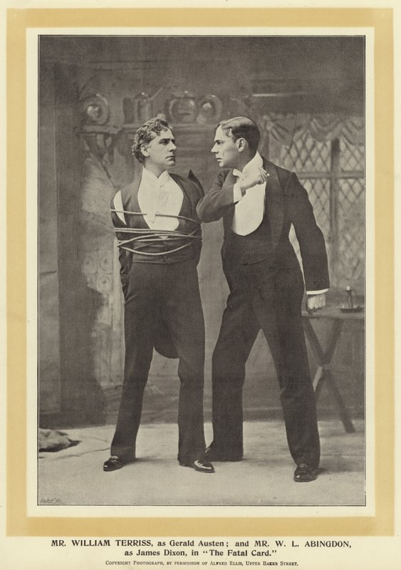 pan William Terriss jako Gerald Austen; oraz Mr WL Abingdon, jako James Dixon, w The Fatal Card autorstwa English Photographer