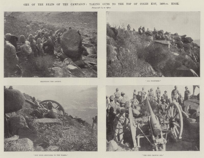 Jedno z wyczynów kampanii, zabranie Guns na szczyt Coles Kop, 1400 stóp wysokości autorstwa English Photographer