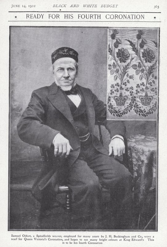 Samuel Oldart, tkacz ze Spitalfields w Londynie, który utkał szalik na koronację królowej Wiktorii (zdjęcie czarno-białe) autorstwa English Photographer