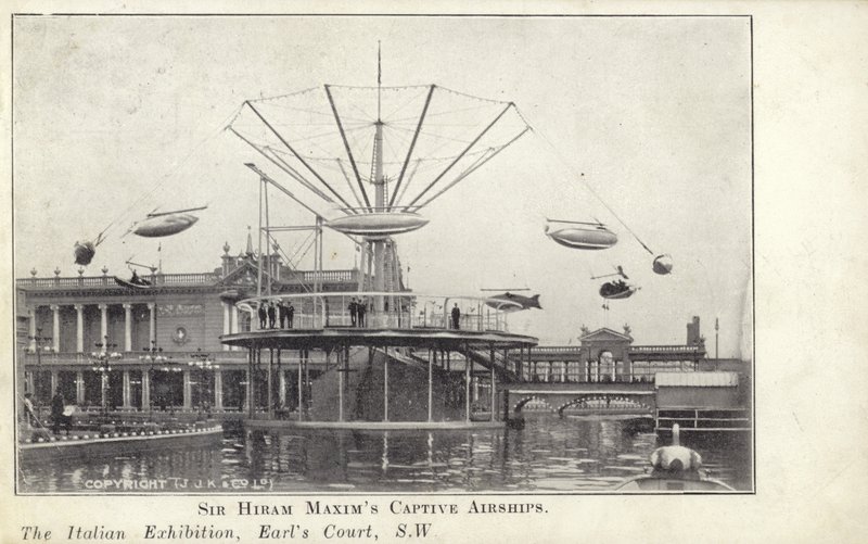 statki powietrzne Sir Hiram Maxims w niewoli na Wystawie Włoskiej, która odbyła się w 1904 roku w Earls Court w Londynie autorstwa English Photographer