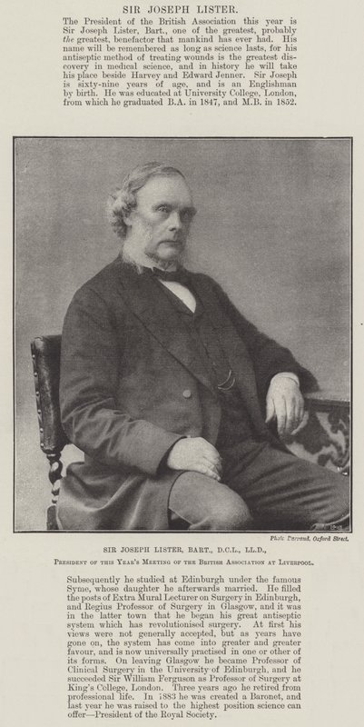 Sir Joseph Lister, Baronet, DCL, LLD, przewodniczący tegorocznego spotkania Brytyjskiego Stowarzyszenia w Liverpoolu autorstwa English Photographer