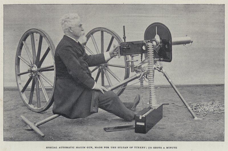 Specjalny automatyczny pistolet Maxim, wykonany dla sułtana Turcji, 770 strzałów na minutę (zdjęcie czarno-białe) autorstwa English Photographer