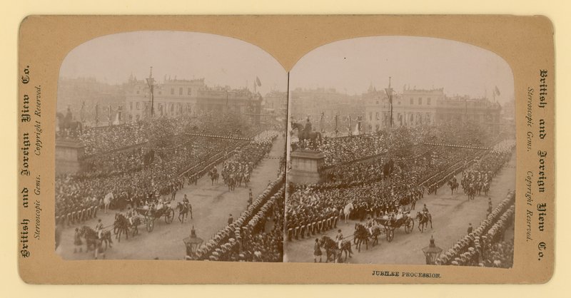 Nadruk stereograficzny Diamentowego Jubileuszu Królowej Wiktorii autorstwa English Photographer