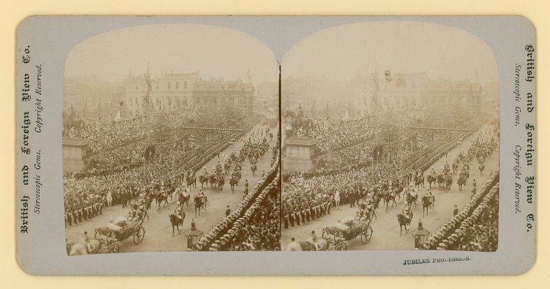 Nadruk stereograficzny Diamentowego Jubileuszu Królowej Wiktorii autorstwa English Photographer