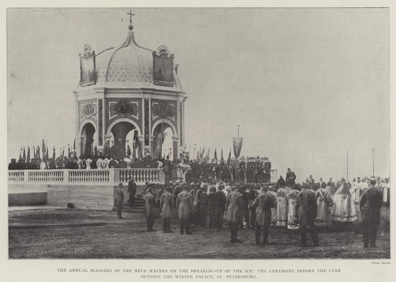Coroczne błogosławieństwo wód Newy podczas łamania lodu, Ceremonia przed carem przed Pałacem Zimowym w Petersburgu autorstwa English Photographer