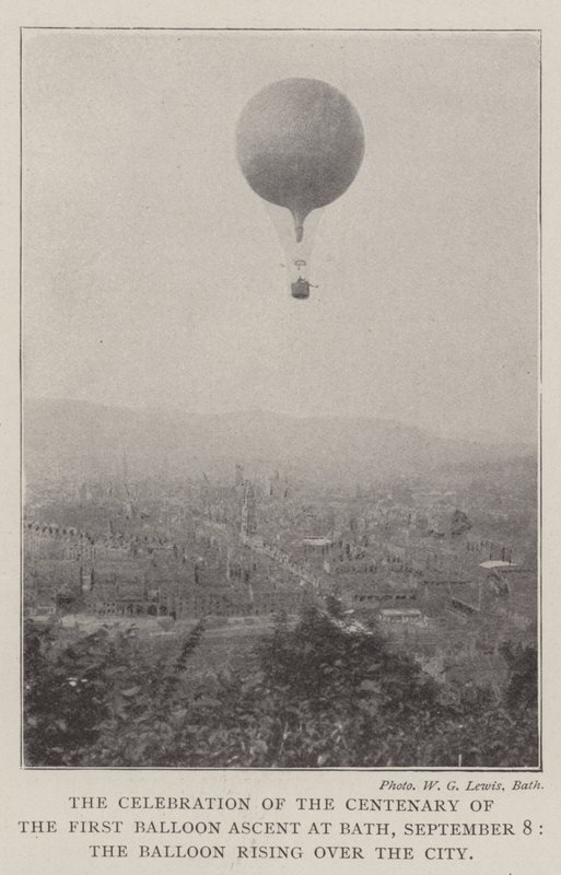 Obchody stulecia pierwszego lotu balonem w Bath, 8 września, balon wznoszący się nad miastem autorstwa English Photographer