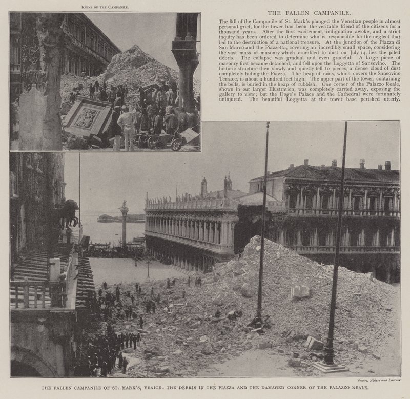 Upadła dzwonnica św. Marka, Wenecja, gruz na placu i uszkodzony róg Palazzo Reale autorstwa English Photographer