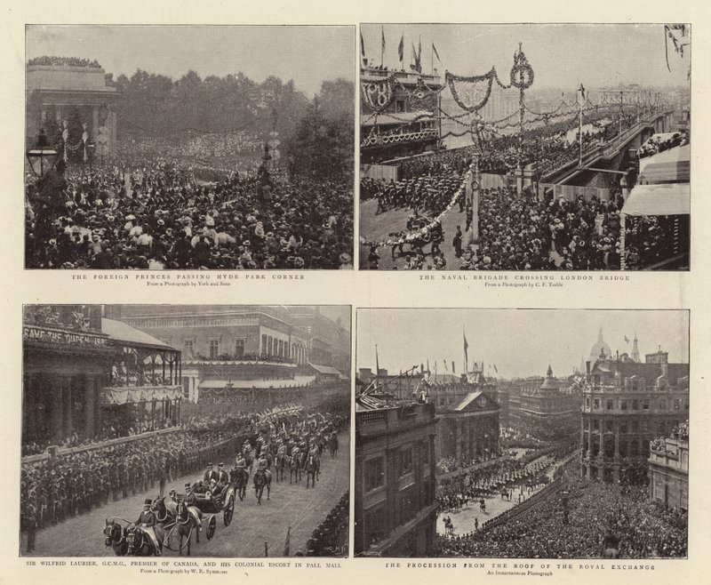 Zagraniczni książęta przechodzący przez Hyde Park Corner, sir Wilfrid Laurier, GCMG, premier Kanady i kolonialna eskorta w Pall Mall, brygada marynarki wojennej przekraczająca London Bridge, procesja z dachu autorstwa English Photographer