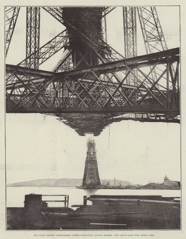 Forth Bridge, Queensferry North Cantilever, Bottom Member i Garvie Main Pier (kwiecień 1889) autorstwa English Photographer
