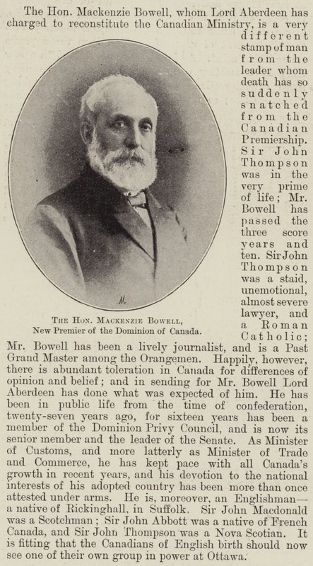 Czcigodny Mackenzie Bowell, nowy premier Dominium Kanady autorstwa English Photographer
