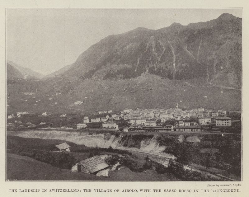 Osuwisko w Szwajcarii, wioska Airolo, z Sasso Rosso w tle autorstwa English Photographer
