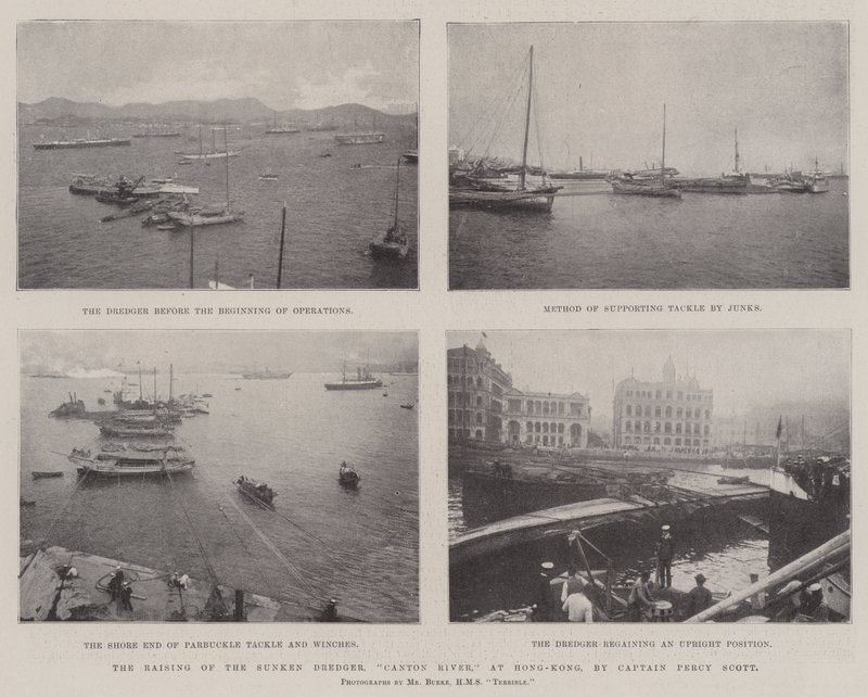 Podnoszenie zatopionego pogłębiarki, Canton River, w Hong-Kongu, kapitan Percy Scott autorstwa English Photographer